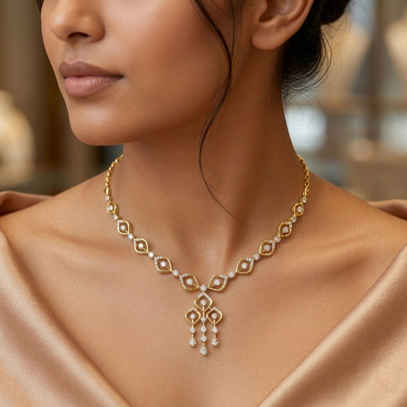 A close-up of a woman wearing a delicate gold necklace with dangling drops, paired with a satin dress.
