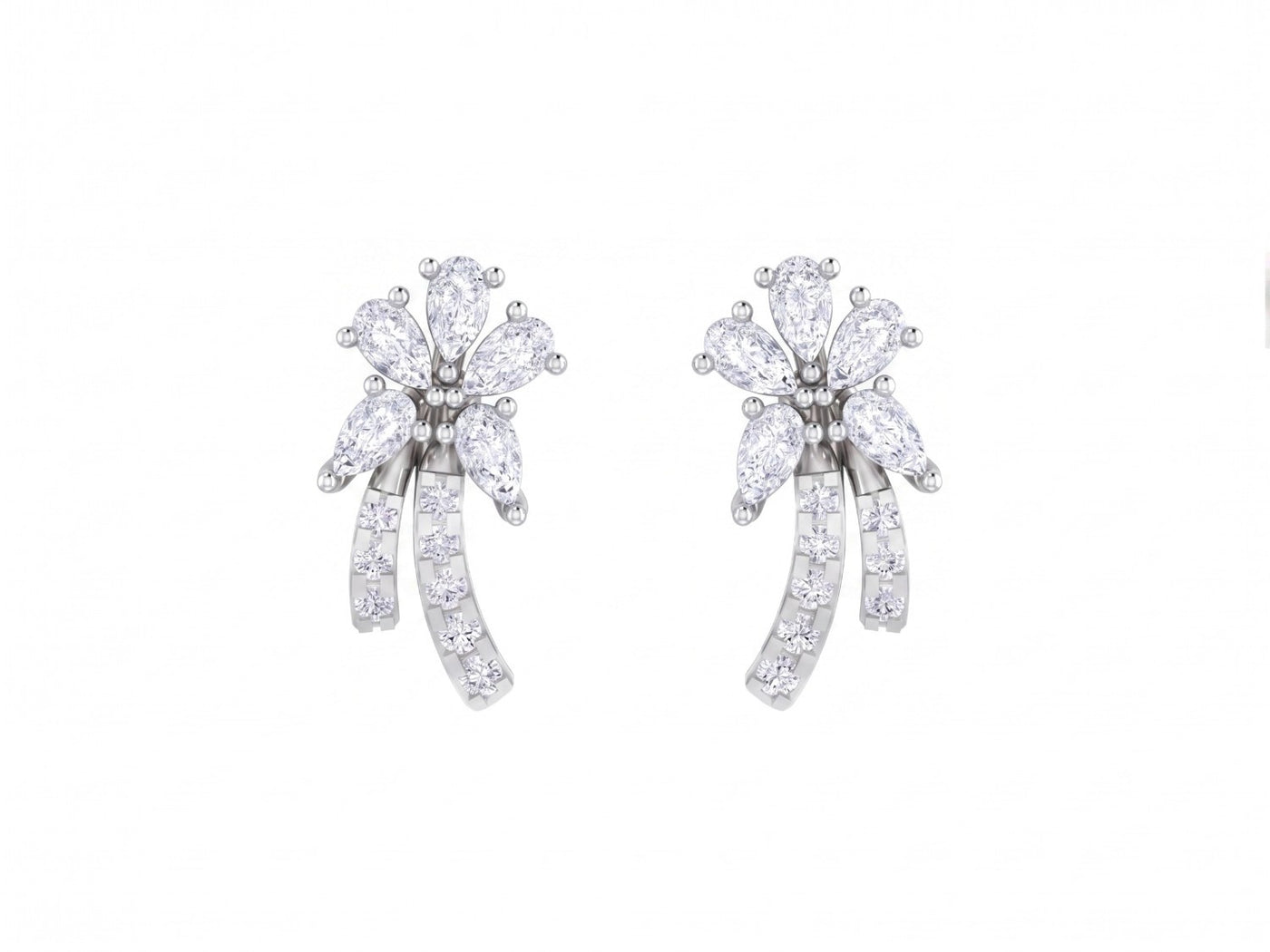 White gold and diamond stud earring with floral-design on a white background.