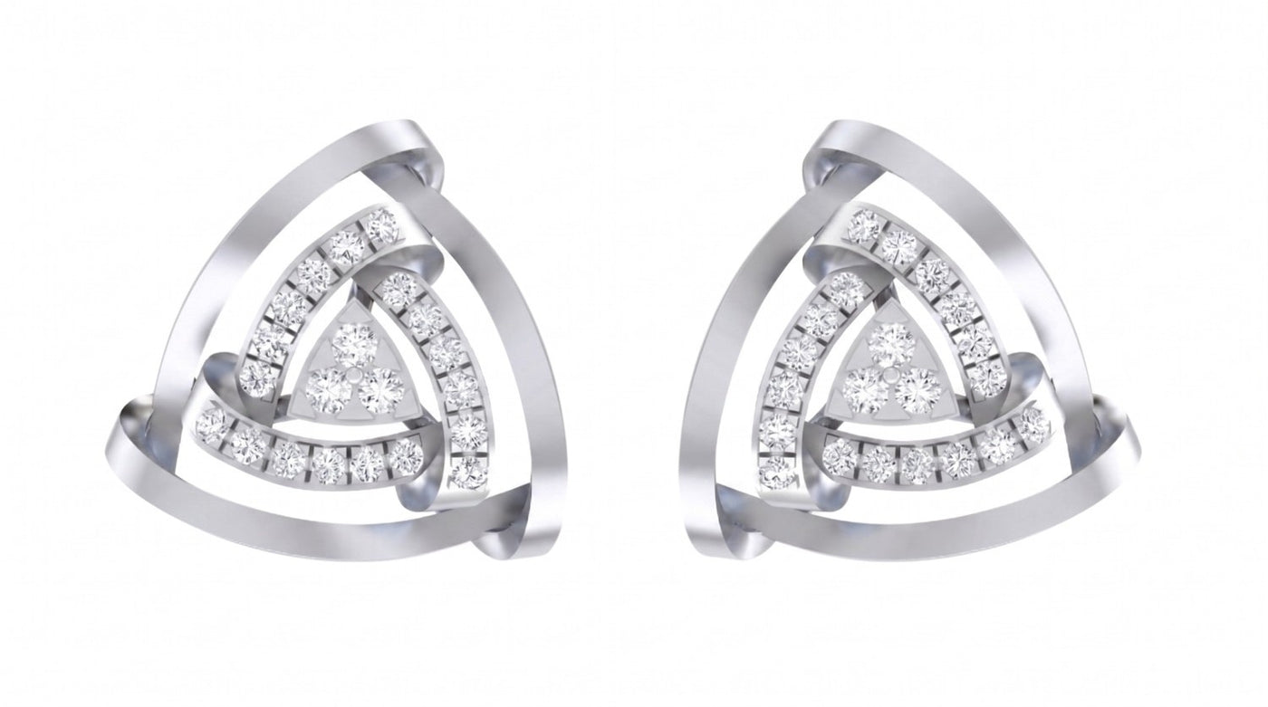 Pair of white gold triangle-shaped earrings with diamond accents on a white background.