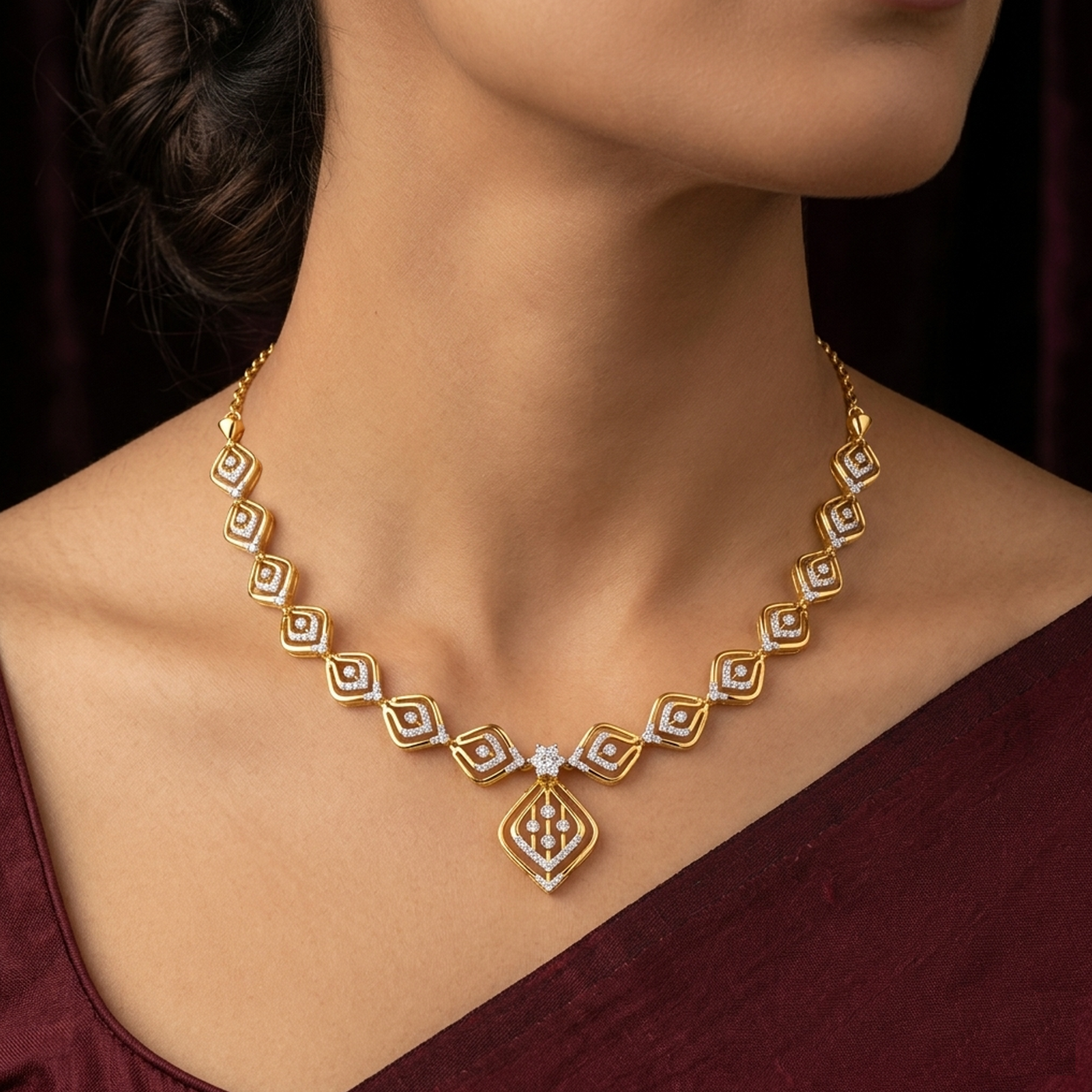 14K गोल्ड और डायमंड डेलीवियर नेकलेस सेट KRB44115N
