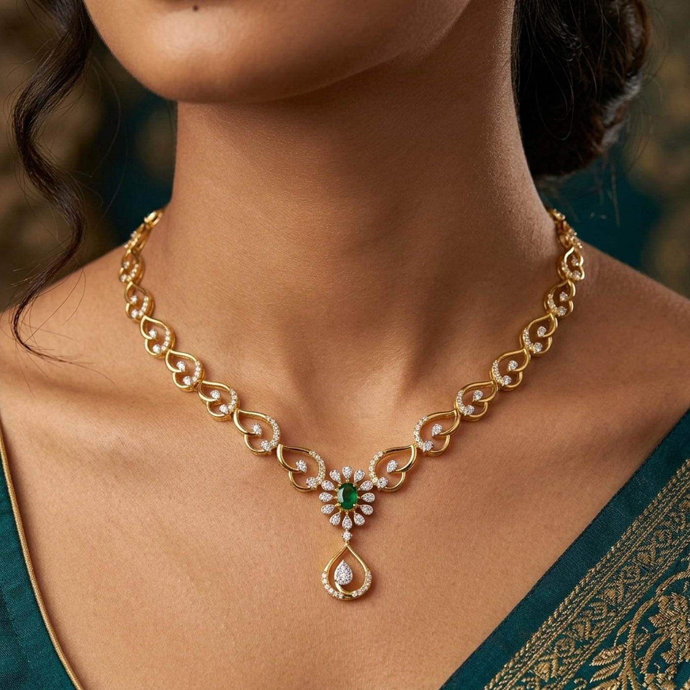 Gold and diamond necklace with green gemstone worn by a person.