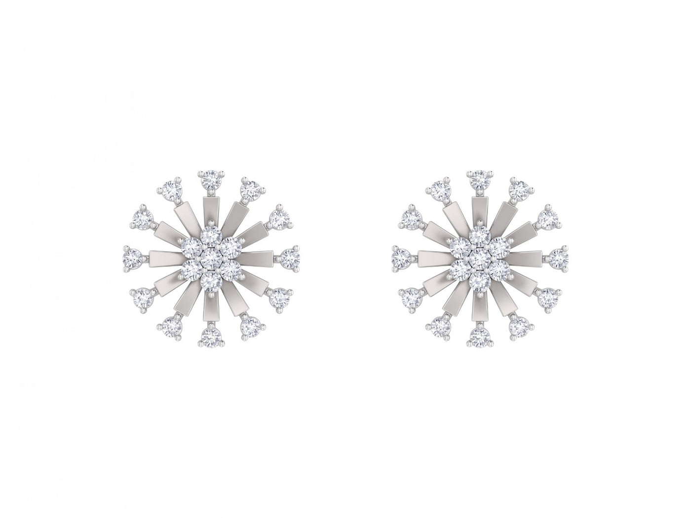 White gold and diamond round-shaped earrings on a white background.