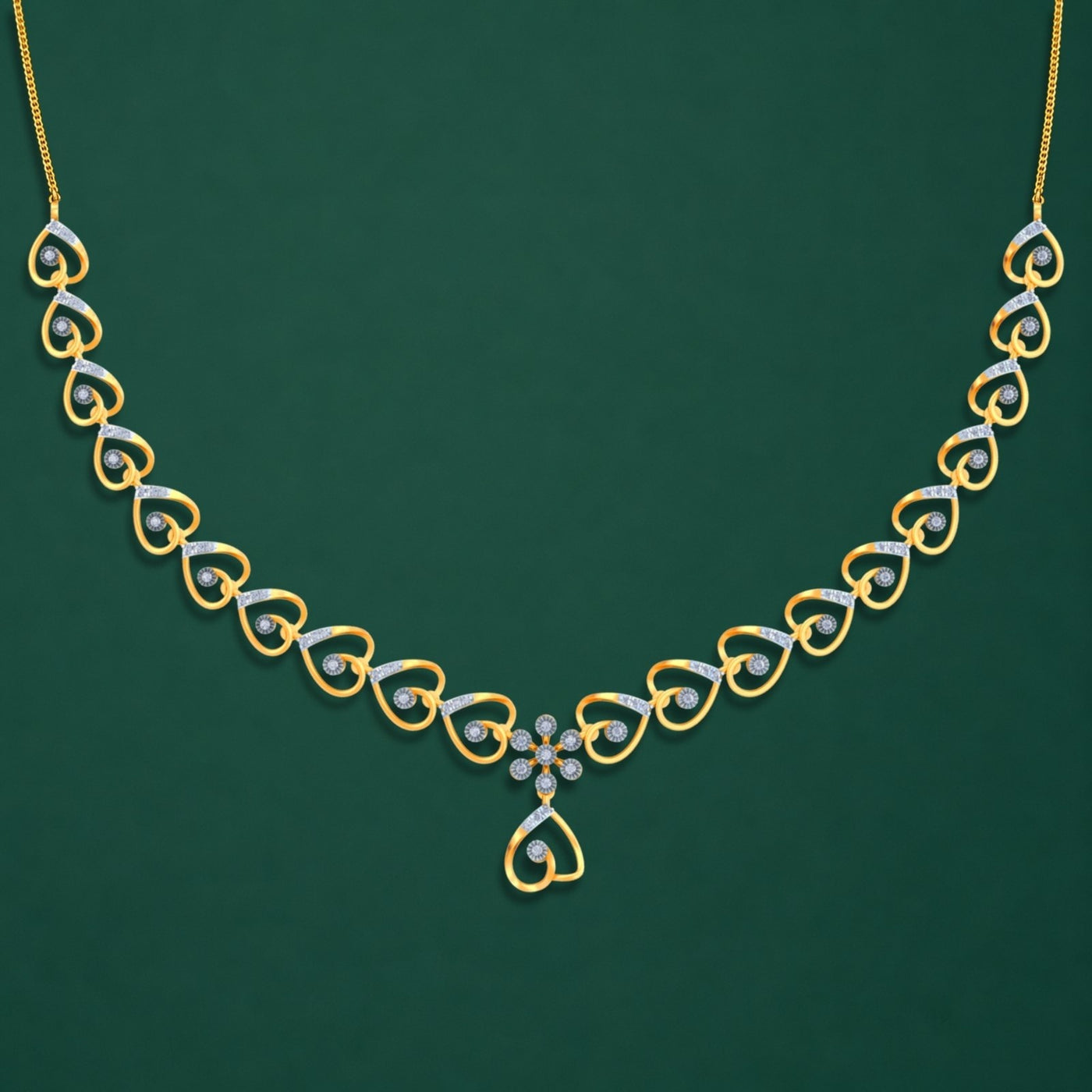 A gold and diamond necklace, displayed against a solid dark green background.