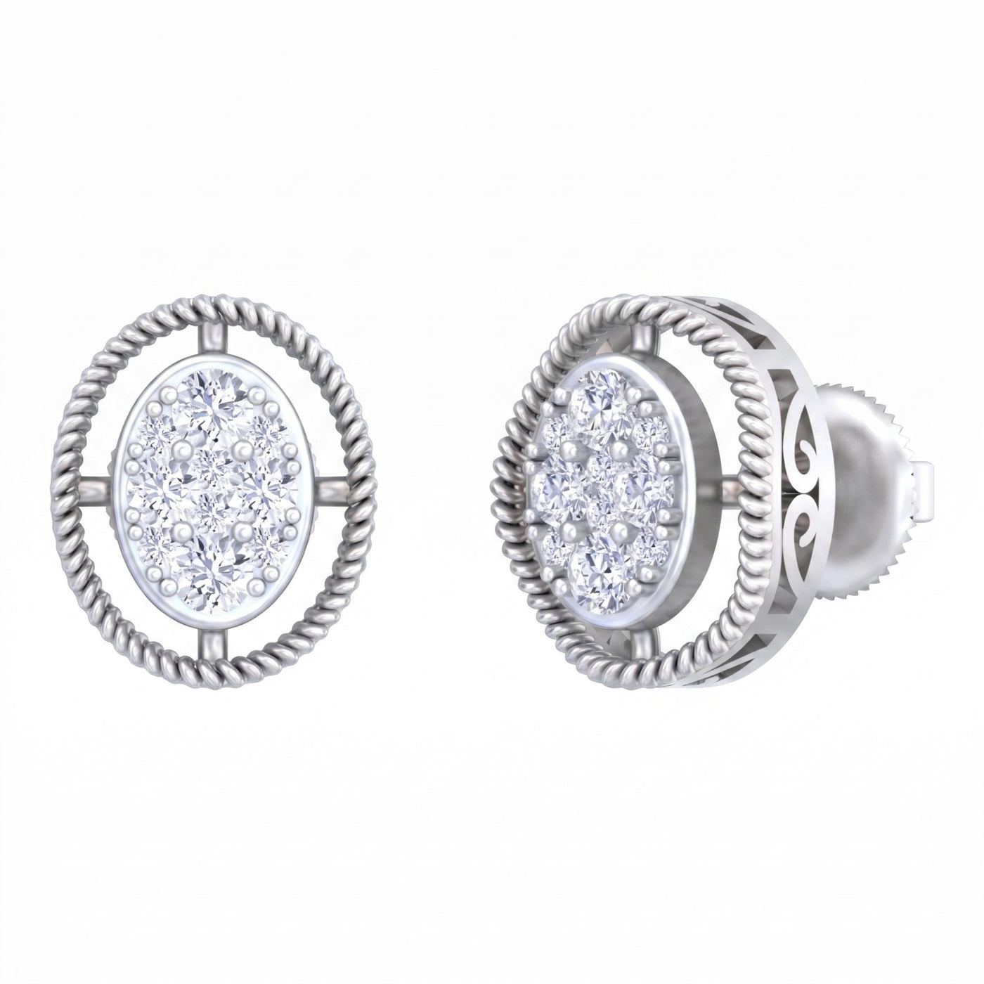White gold earrings with diamond-studded circular design on a white background.