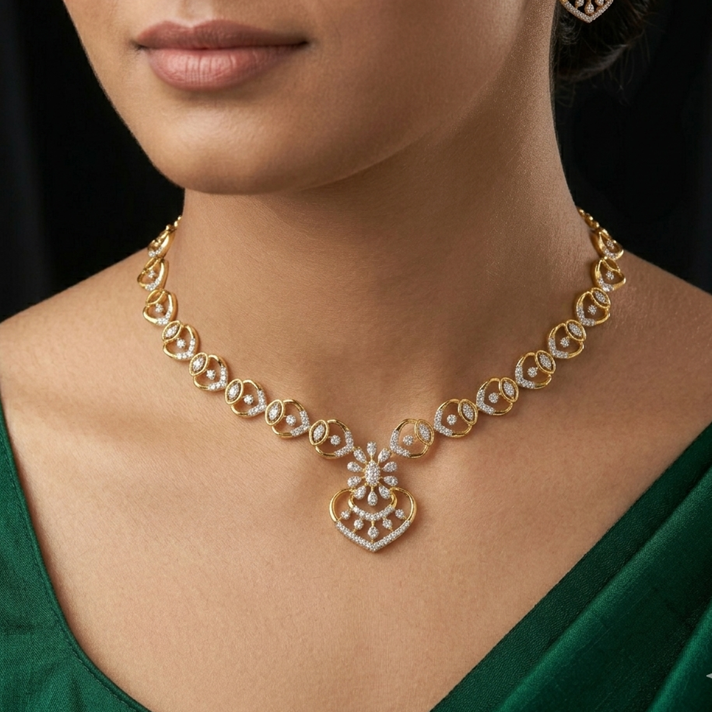 14K गोल्ड और डायमंड डेलीवियर नेकलेस सेट KRH44042N