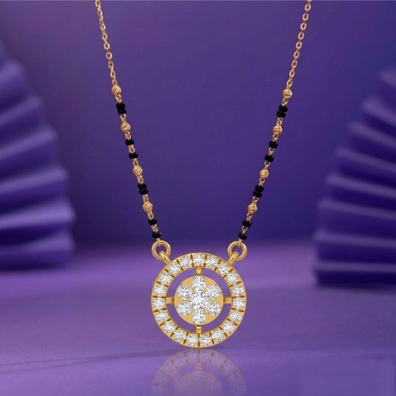 Yellow Gold & Diamond Halo Mangalsutra on purple background