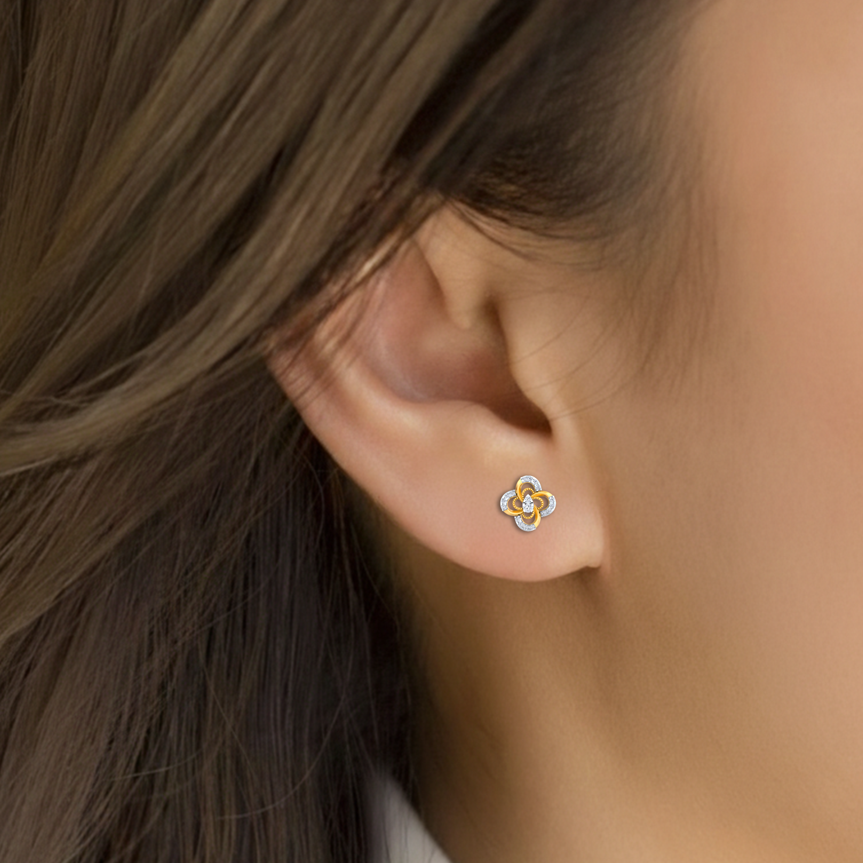 Floral Yellow Gold Diamond Earring close up shot| under 40k 