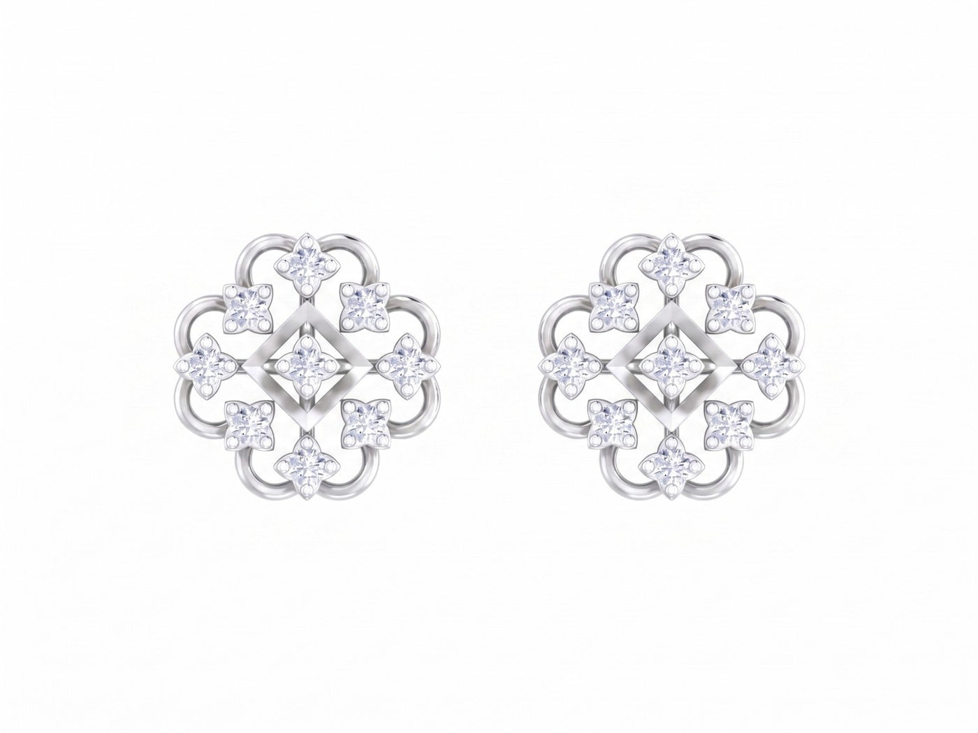 White gold and diamond stud earring with floral-design on a white background.