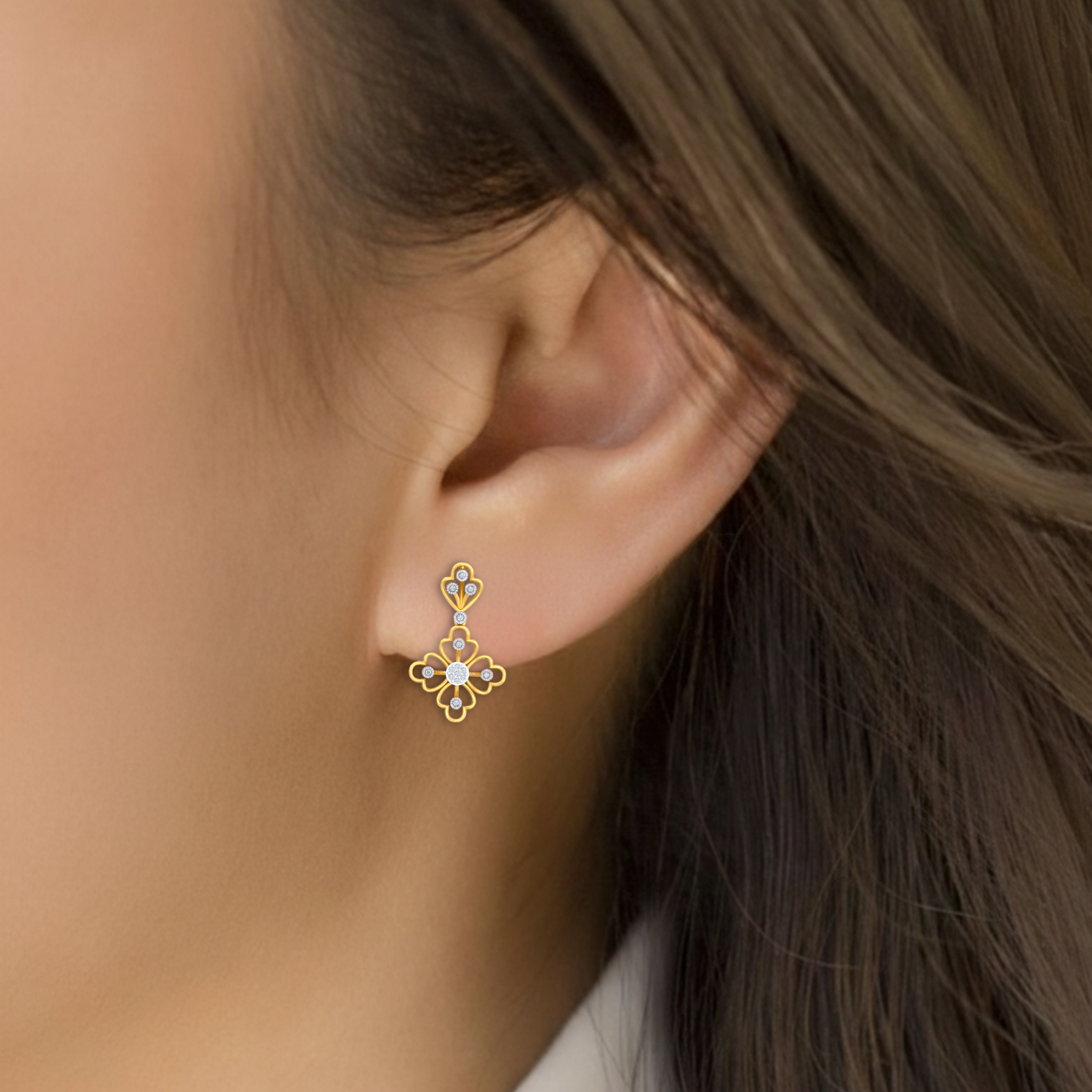 Yellow Gold Diamond Earring close up shot| under 40k 