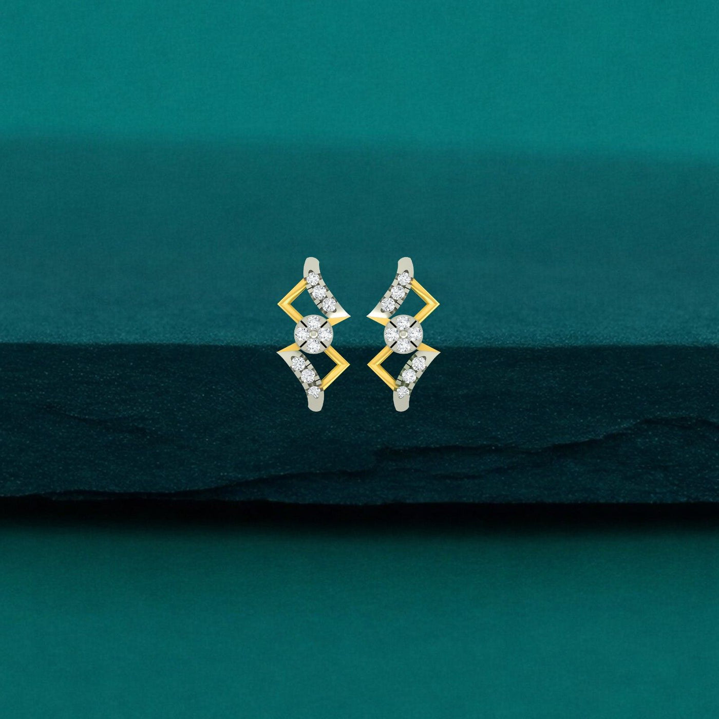 Gold and diamond dailywear stud earrings on a teal background.
