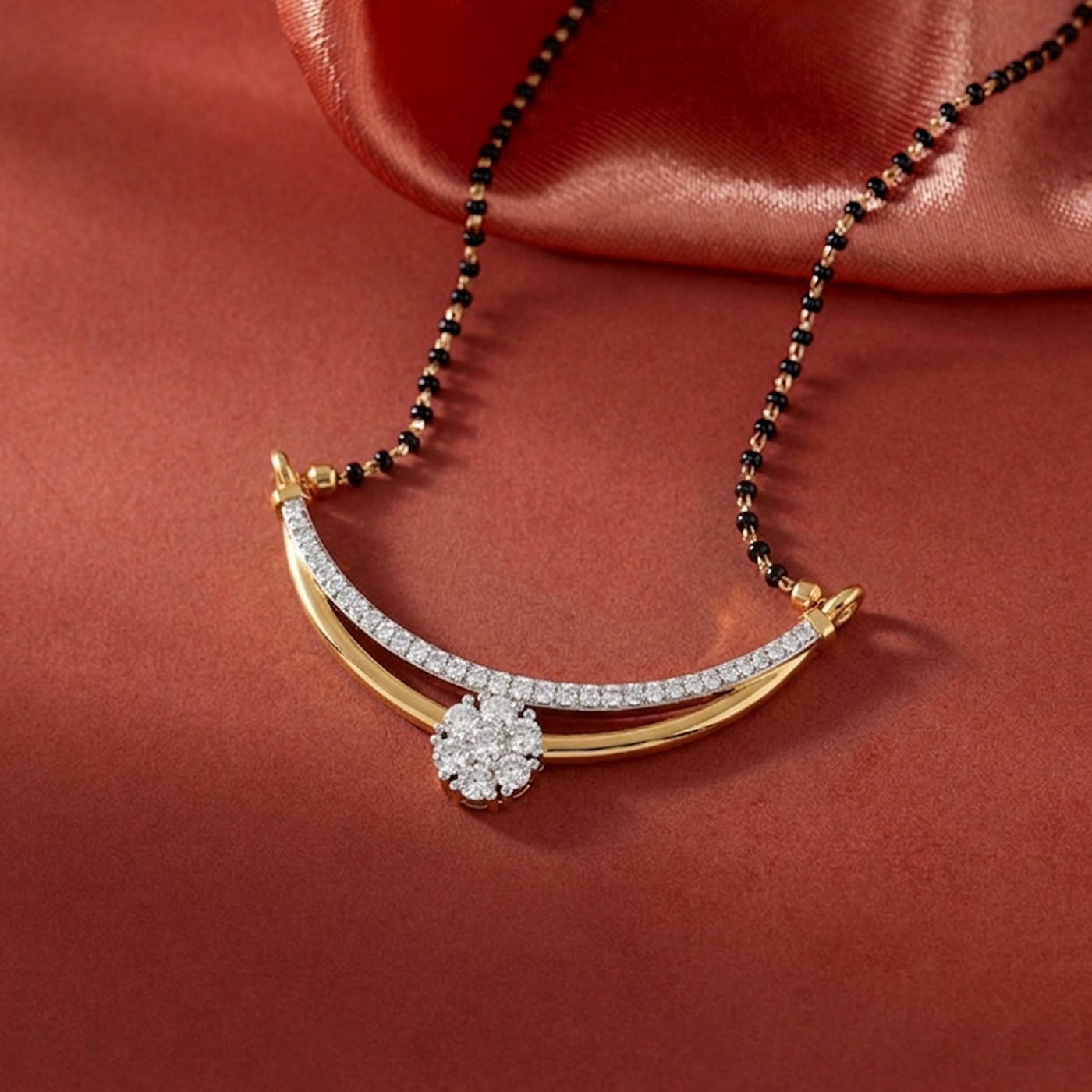 Gold & Diamond Curved Floral Mangalsutra For Women KRC50108