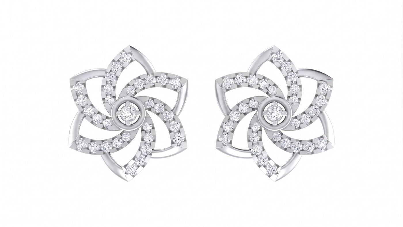 Pair of white gold and diamond floral-design stud earrings on a white background