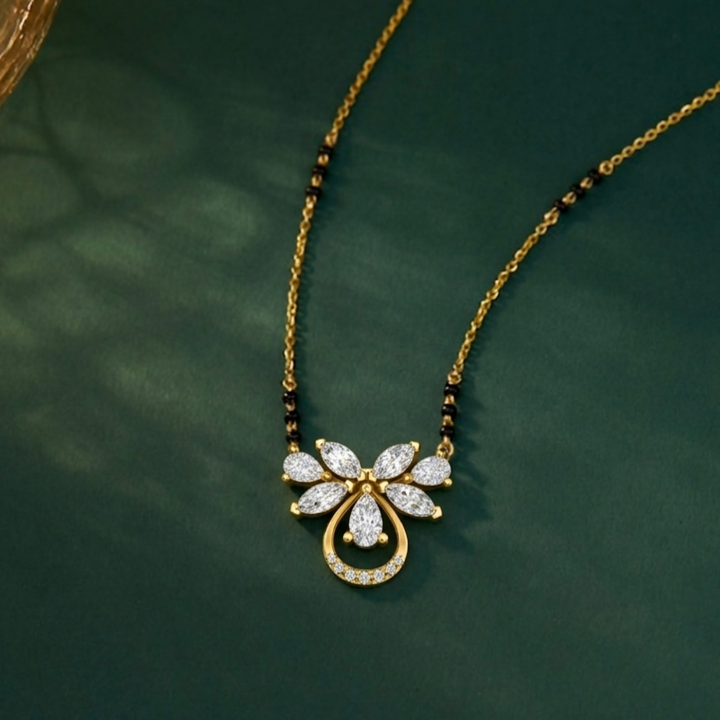 Gold & Diamond Floral Beaded Mangalsutra For Women KRC50155