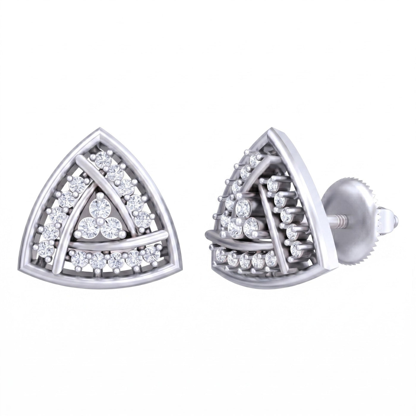 White gold and diamond stud earring with triangle-shaped on a white background.