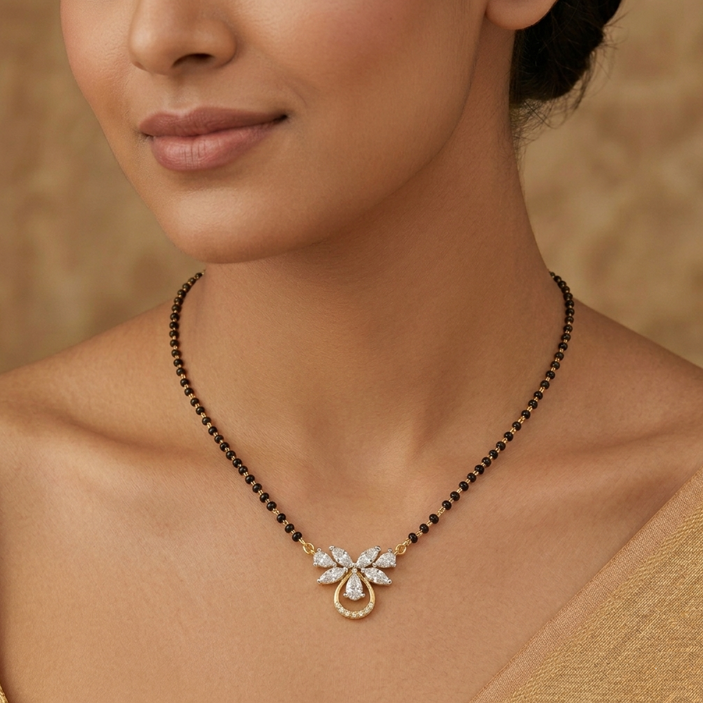 Gold & Diamond Floral Beaded Mangalsutra For Women KRC50155