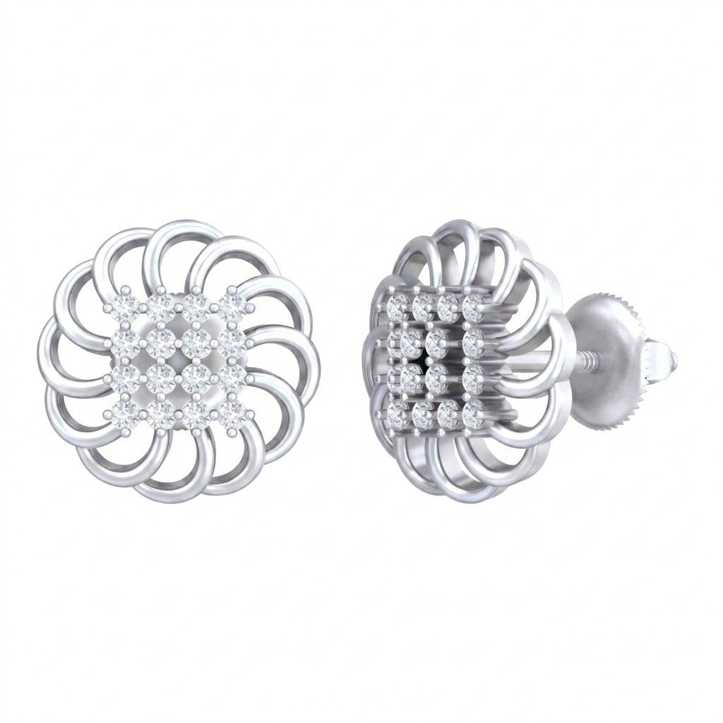 Pair of white gold and diamond floral stud earrings on a white background