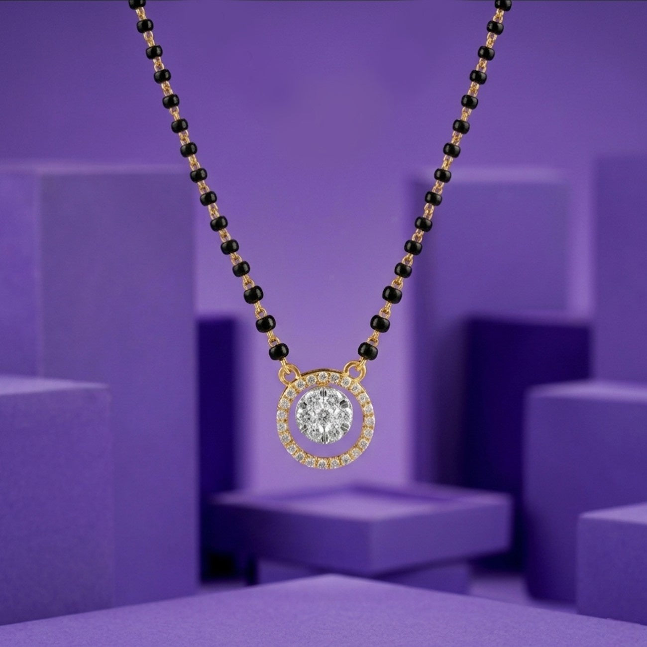 gold & diamond beaded mangalsutra on purple background