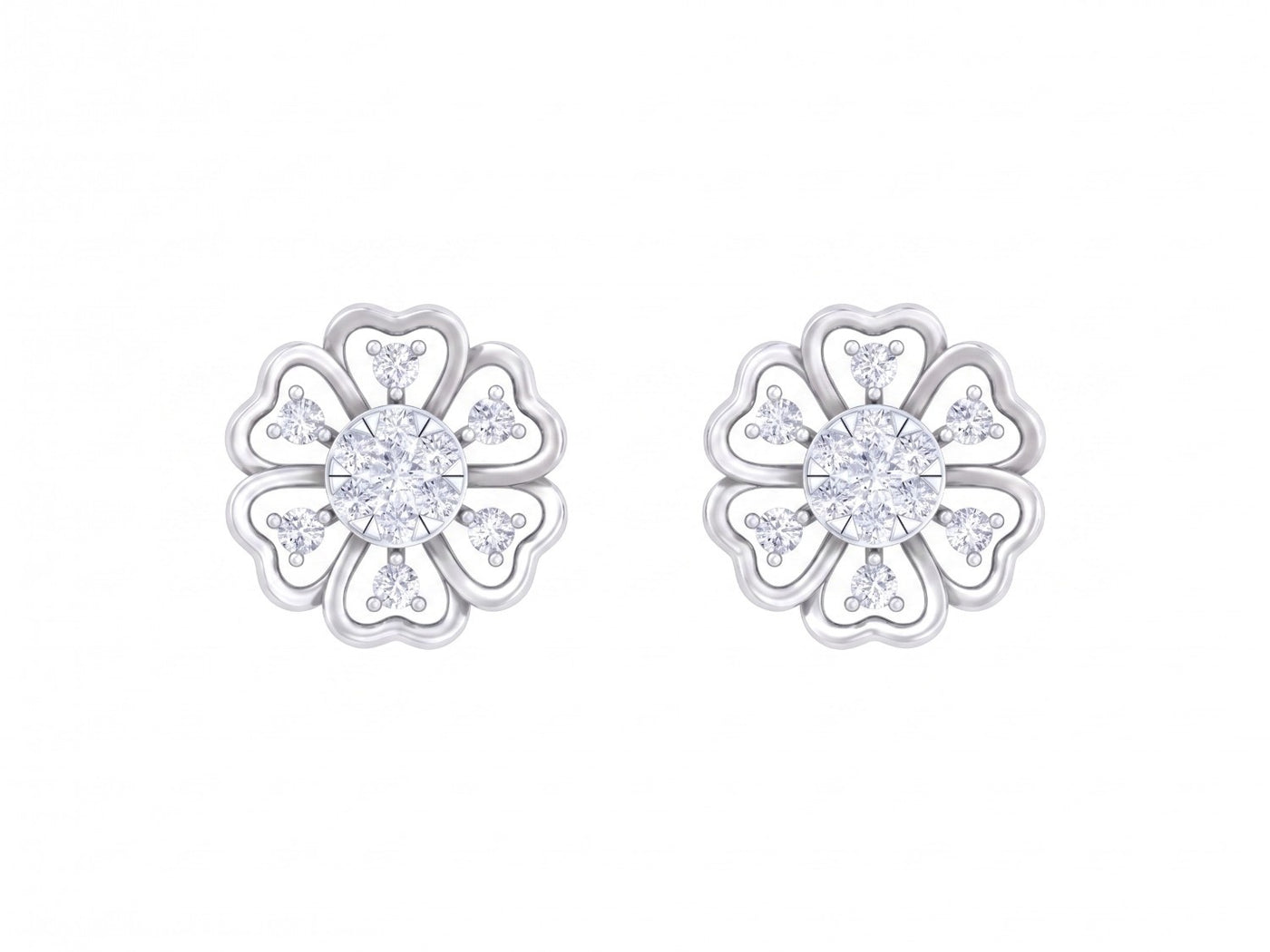 White gold and diamond with floral-design stud earrings on a white background.