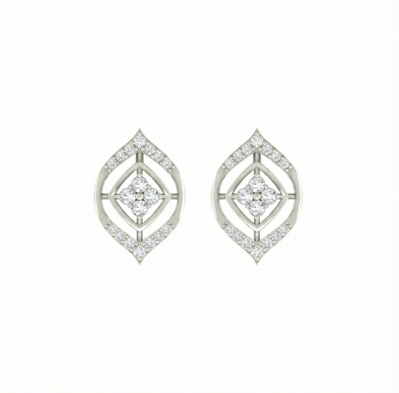 Pair of white gold and diamond stud earrings on a white background.