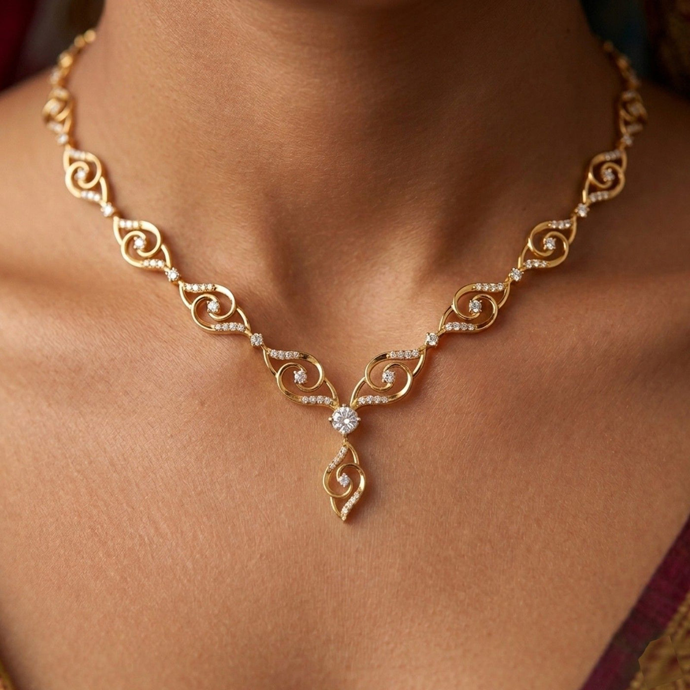 Gold necklace with a pendant on a person's neck