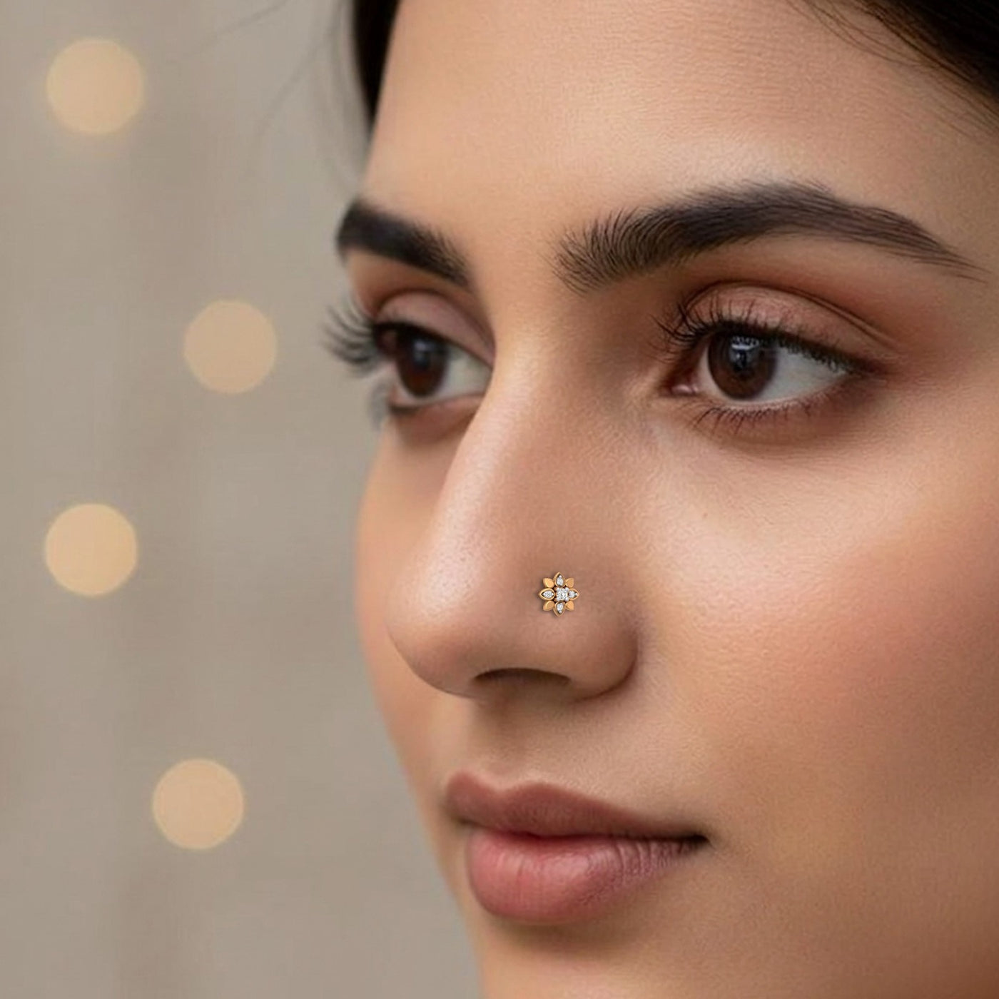 Close-up of a person wearing a nose pin with a blurred background