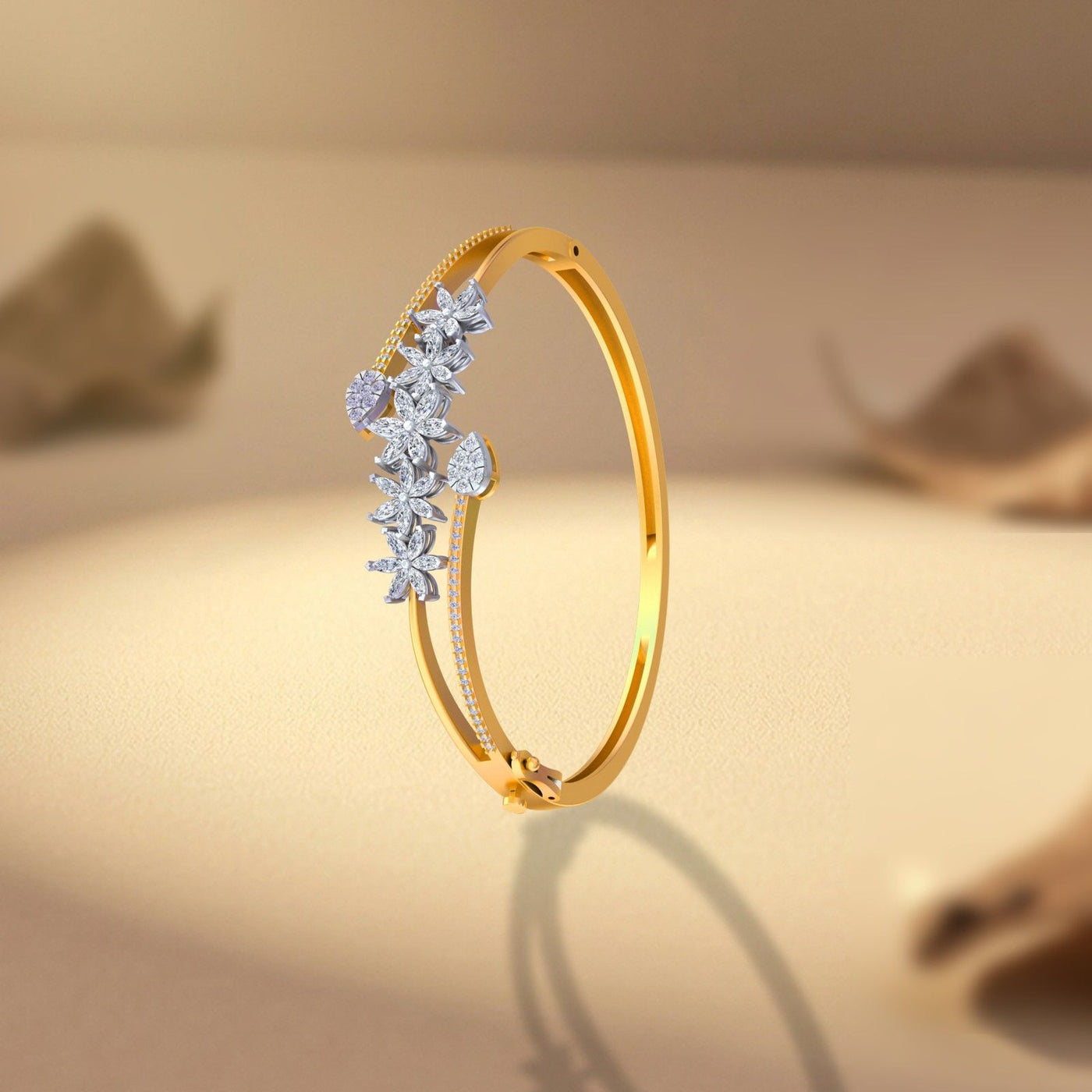 Gold bangle bracelet with cascading diamond floral clusters and a pavé-set band.