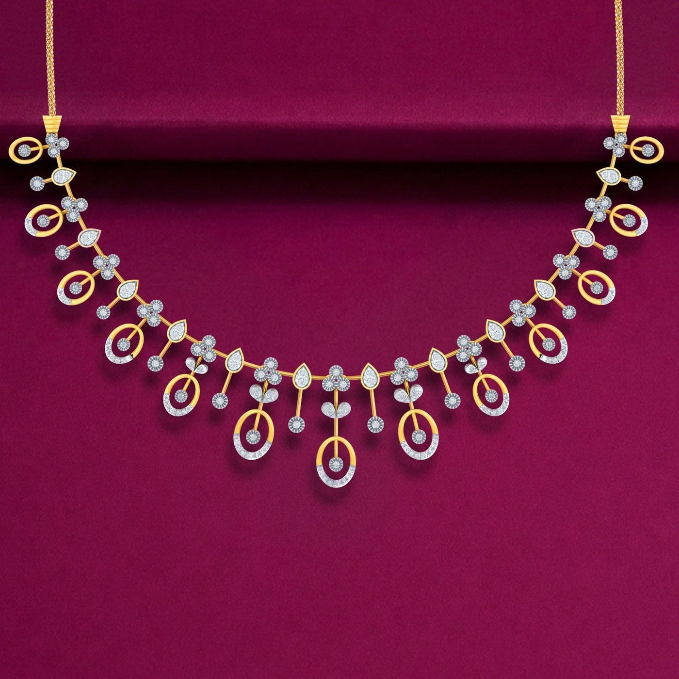 Gold and diamond necklace with gold and silver elements on a red background