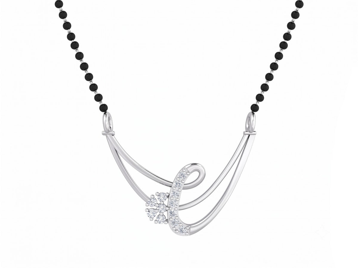 White gold & diamond modern mangalsutra on white background
