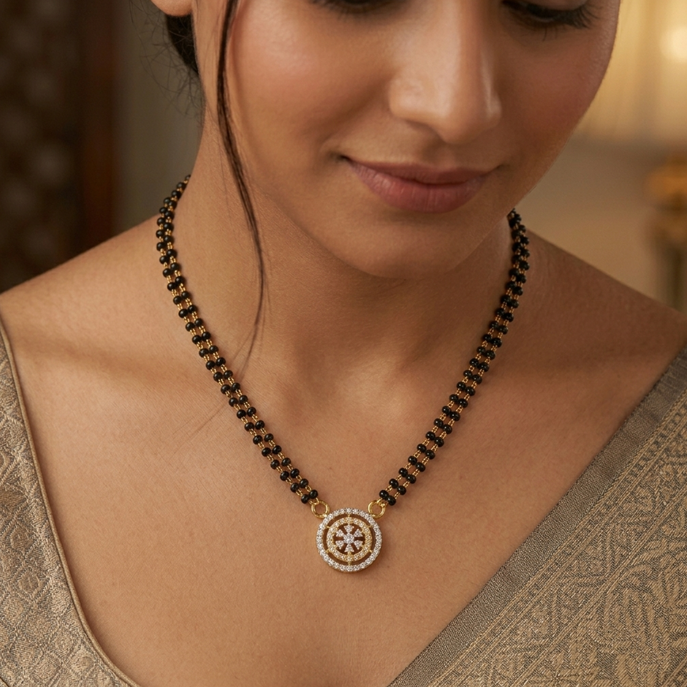 Gold & Diamond Round Beaded Mangalsutra For Women KRC50157