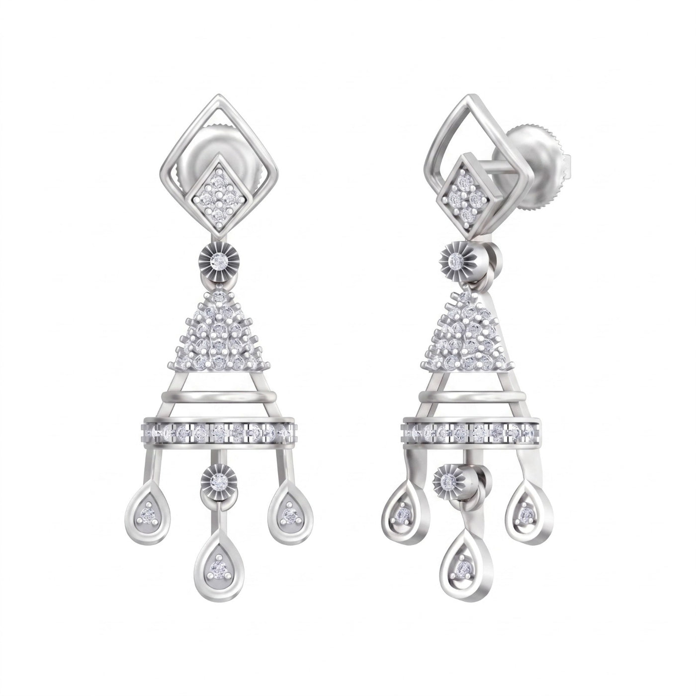 White gold and diamond drop earring on a white background.