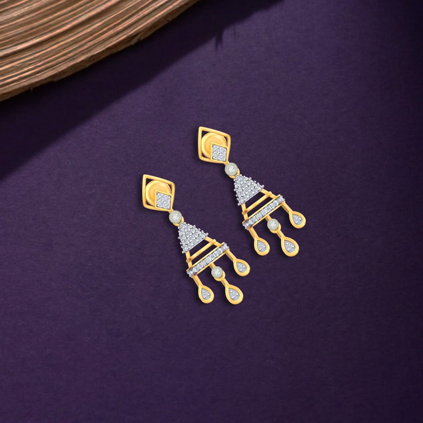 Gold and natural diamond geometric drop earrings with teardrop for women. 