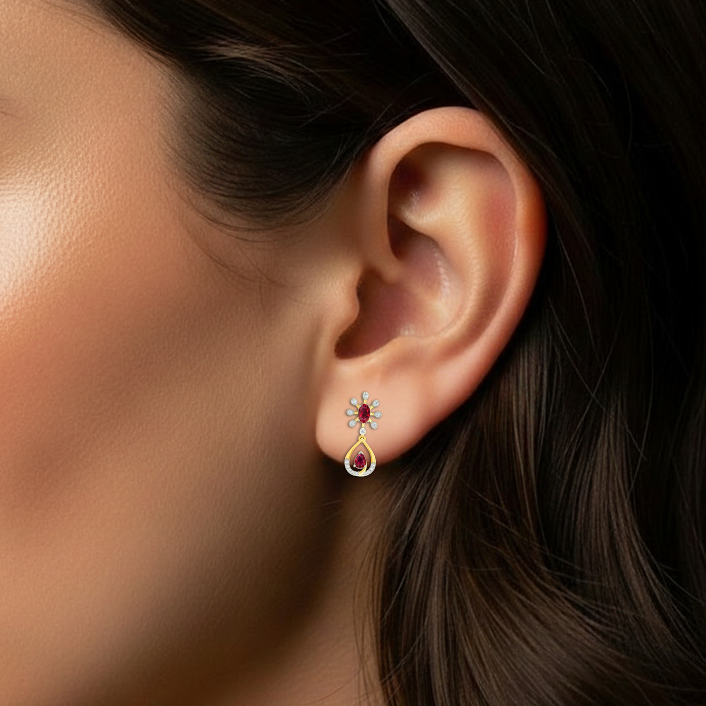 Yellow Gold Diamond Earring close up shot | under 40k 