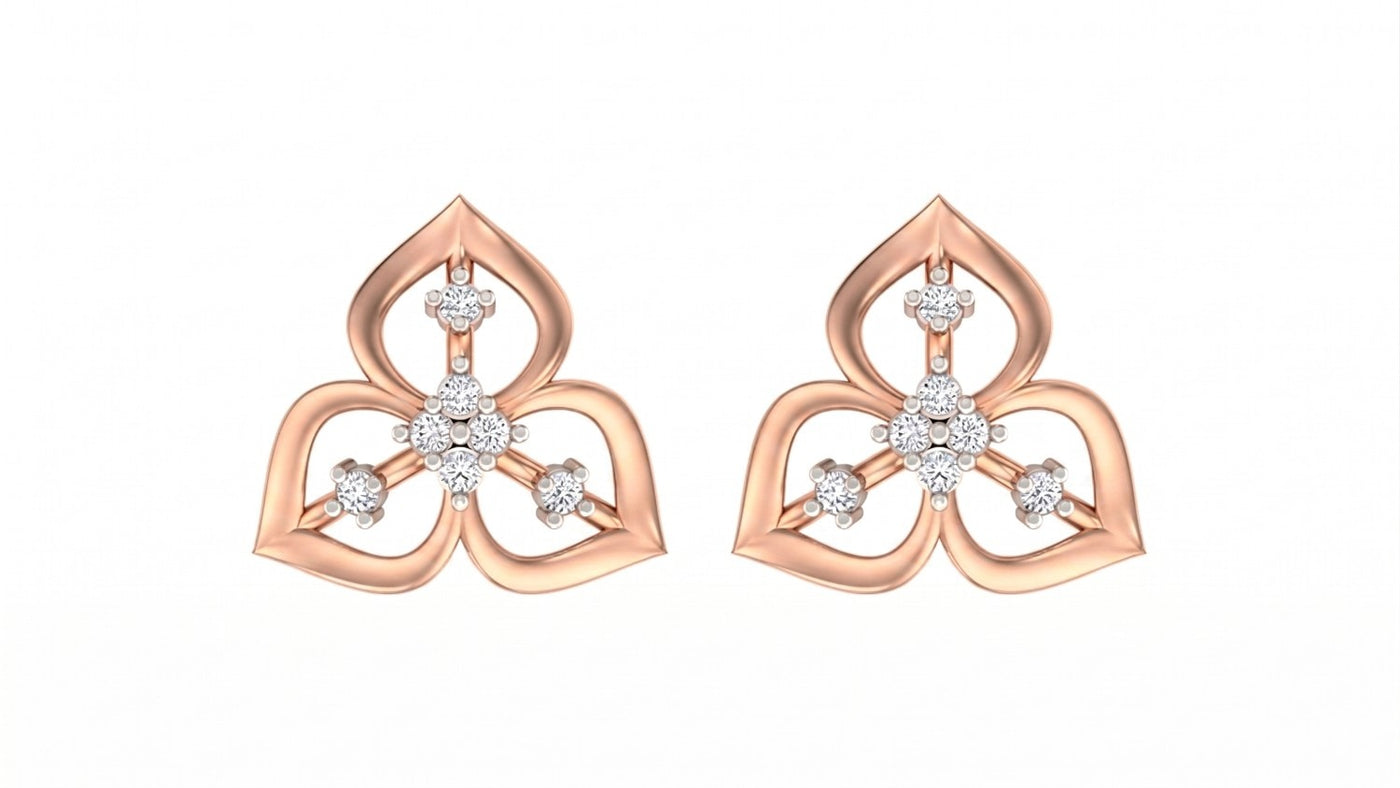 Rose gold and diamond stud earrings on a white background.