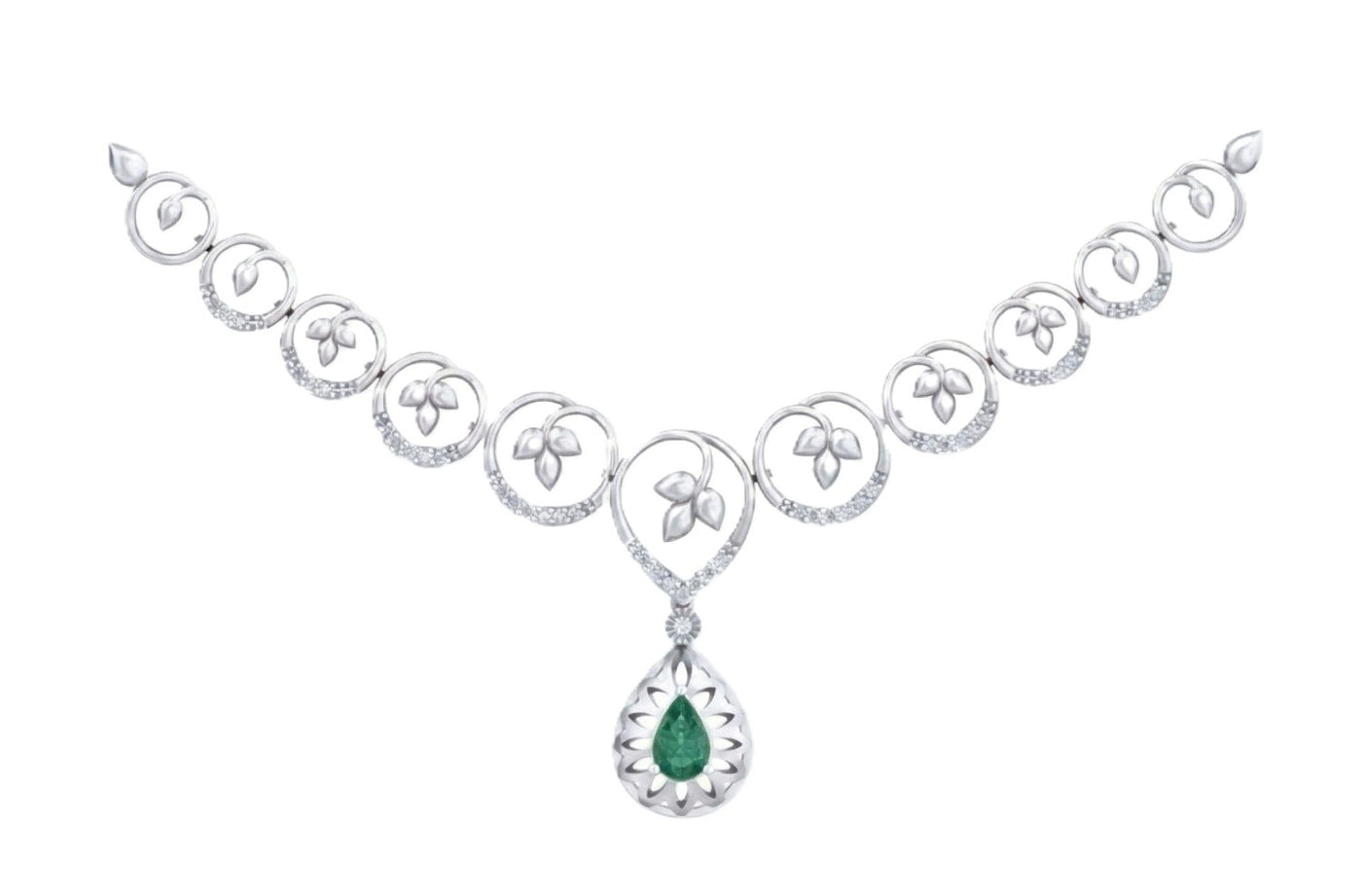 A white gold and diamond necklace featuring a central teardrop pendant with a green emerald, set against a plain white background.