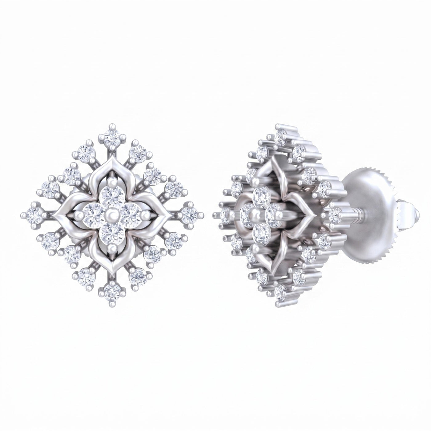 Pair of white gold and diamond stud earrings on a white background.