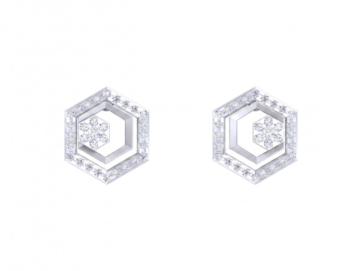 White gold and diamond Hexagonal design earrings on a white background.