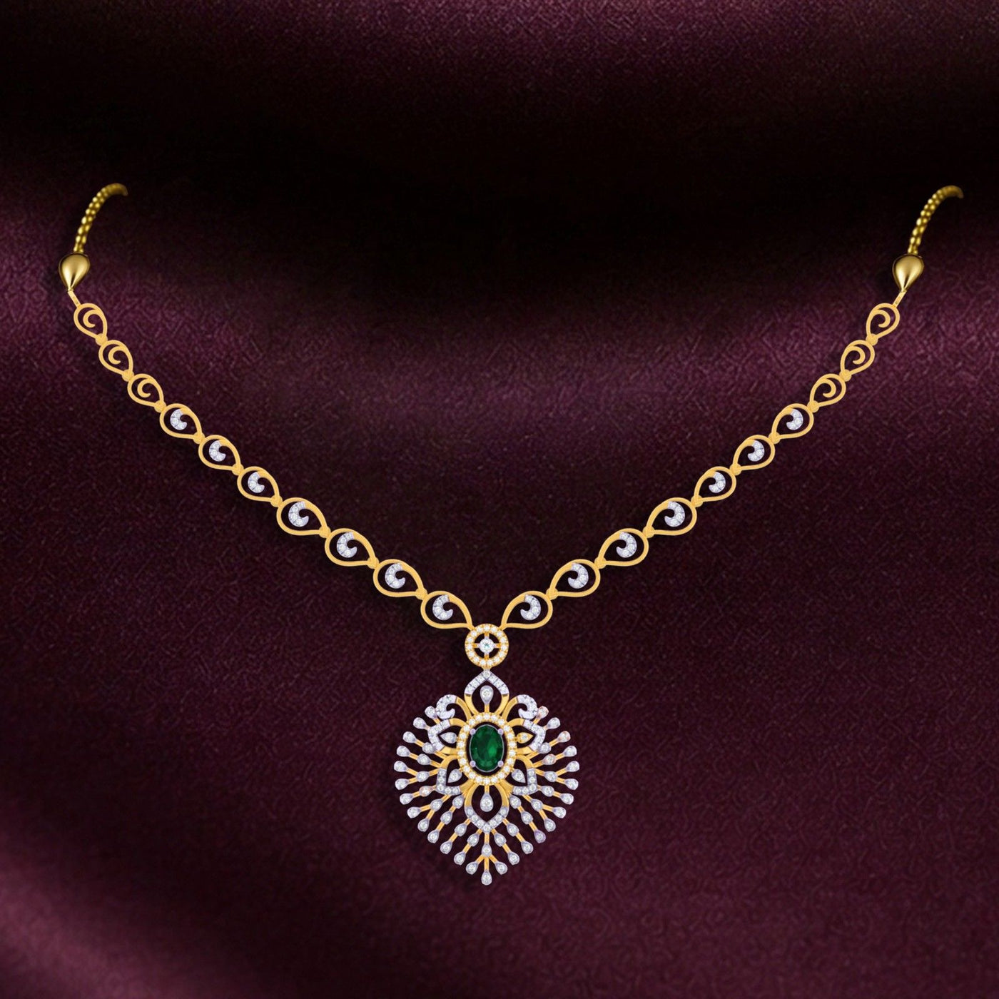 Gold necklace with a green gemstone pendant on a purple background