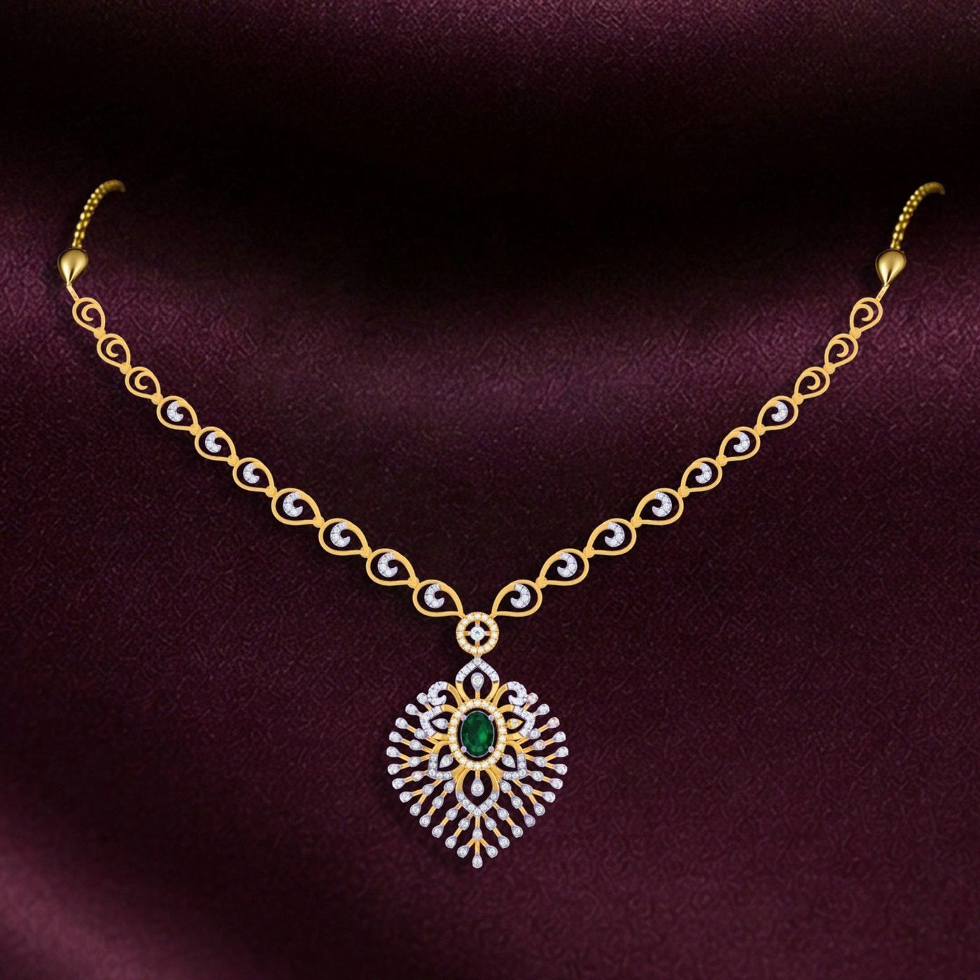 Gold necklace with a green gemstone pendant on a purple background