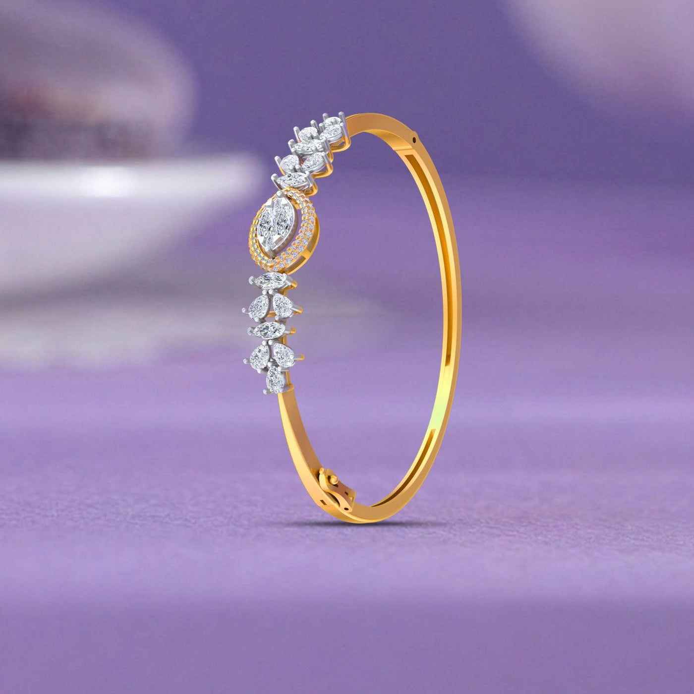 Gold bangle bracelet with oval halo diamond centerpiece and marquise diamond accents