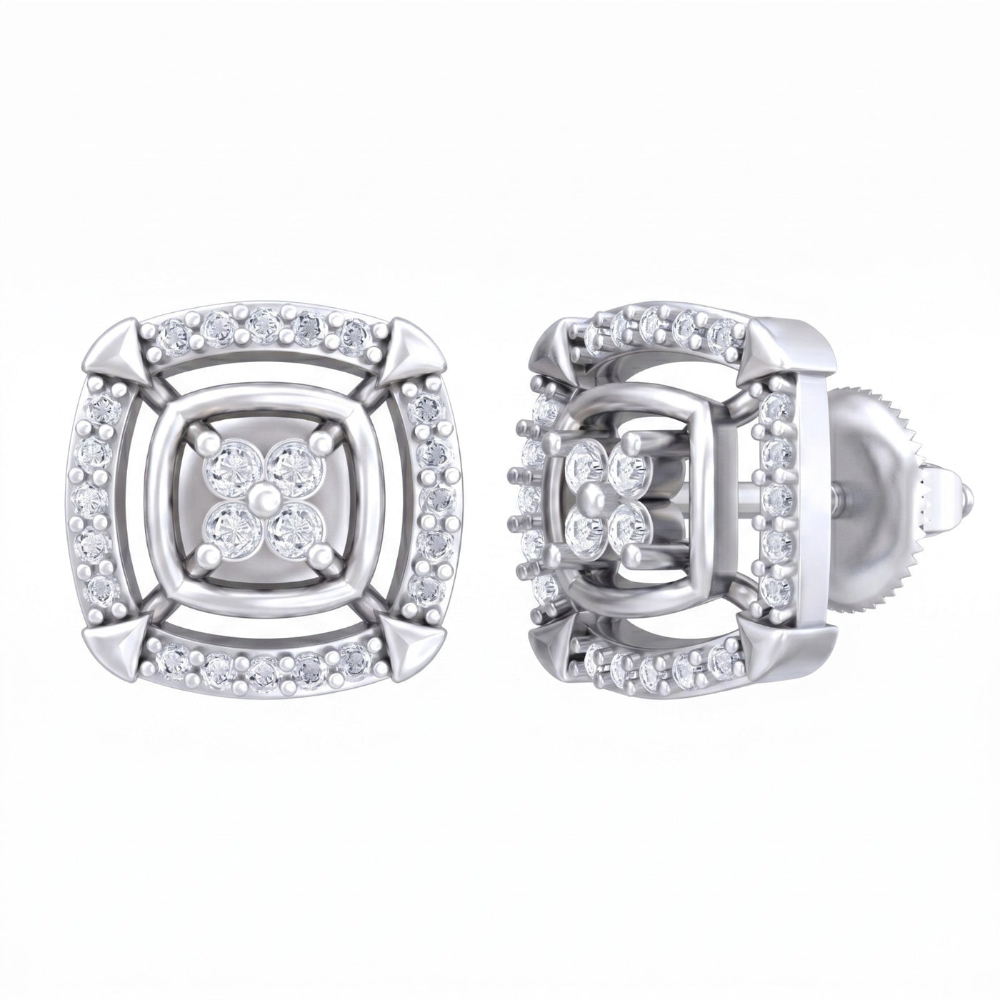White gold and diamond stud earring with Square-shaped design on a white background.