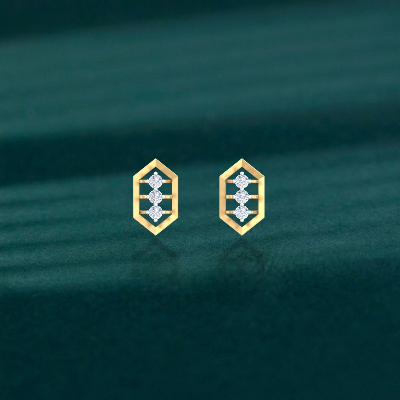 Gold and diamond Geometric stud earring on a teal background.