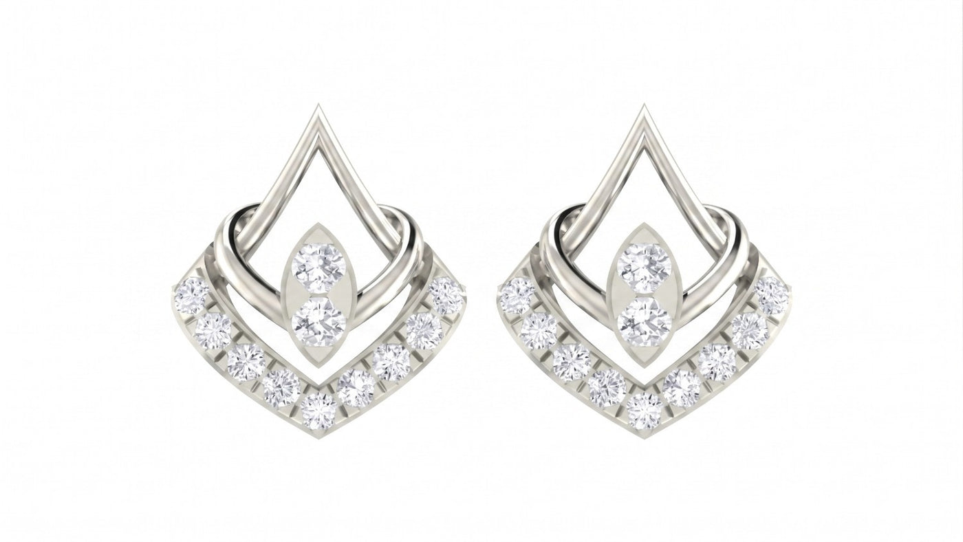 Pair of white gold and diamond geometric stud earrings on a white background