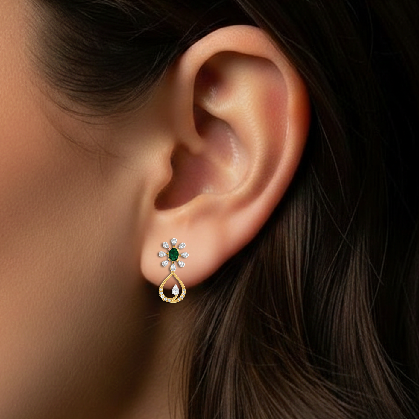 Yellow Gold Diamond Earring close up shot | under 40k 