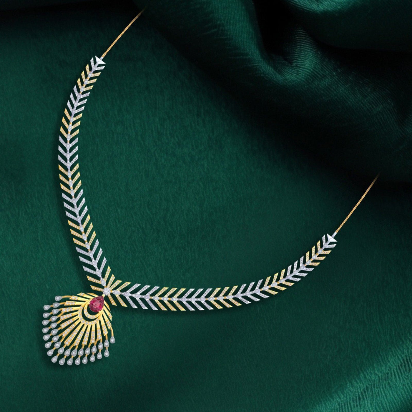 Necklace gold and diamond design on a dark green fabric background.