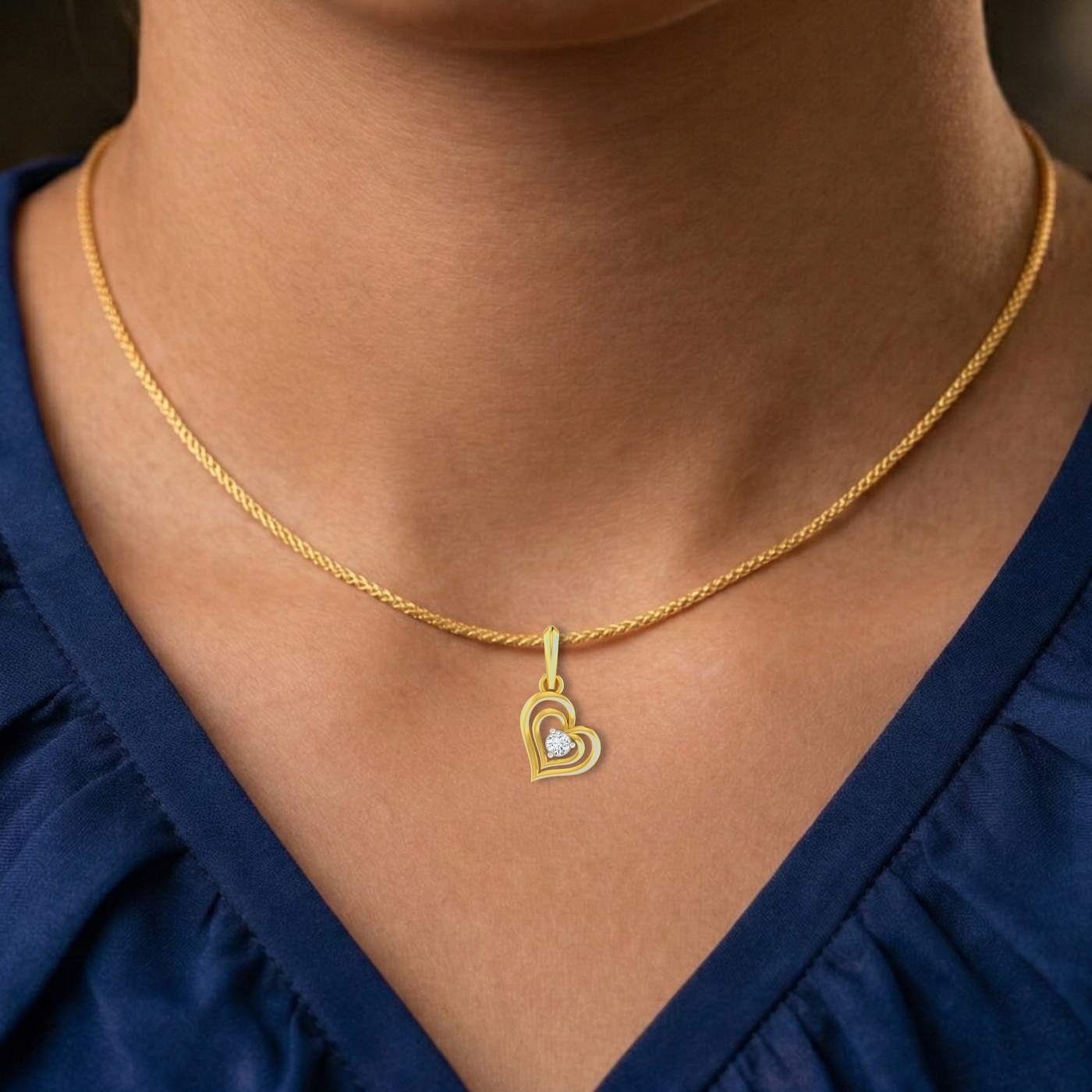 Gold & Diamond Heart-Shaped Solitaire PENDANT SET KRC40557