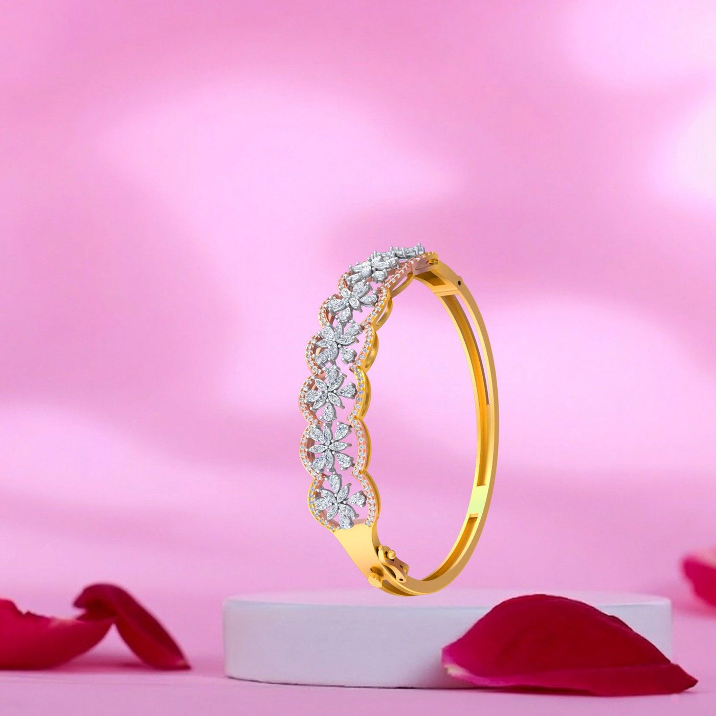 Gold bangle bracelet with open scallop frames enclosing marquise diamond floral clusters.