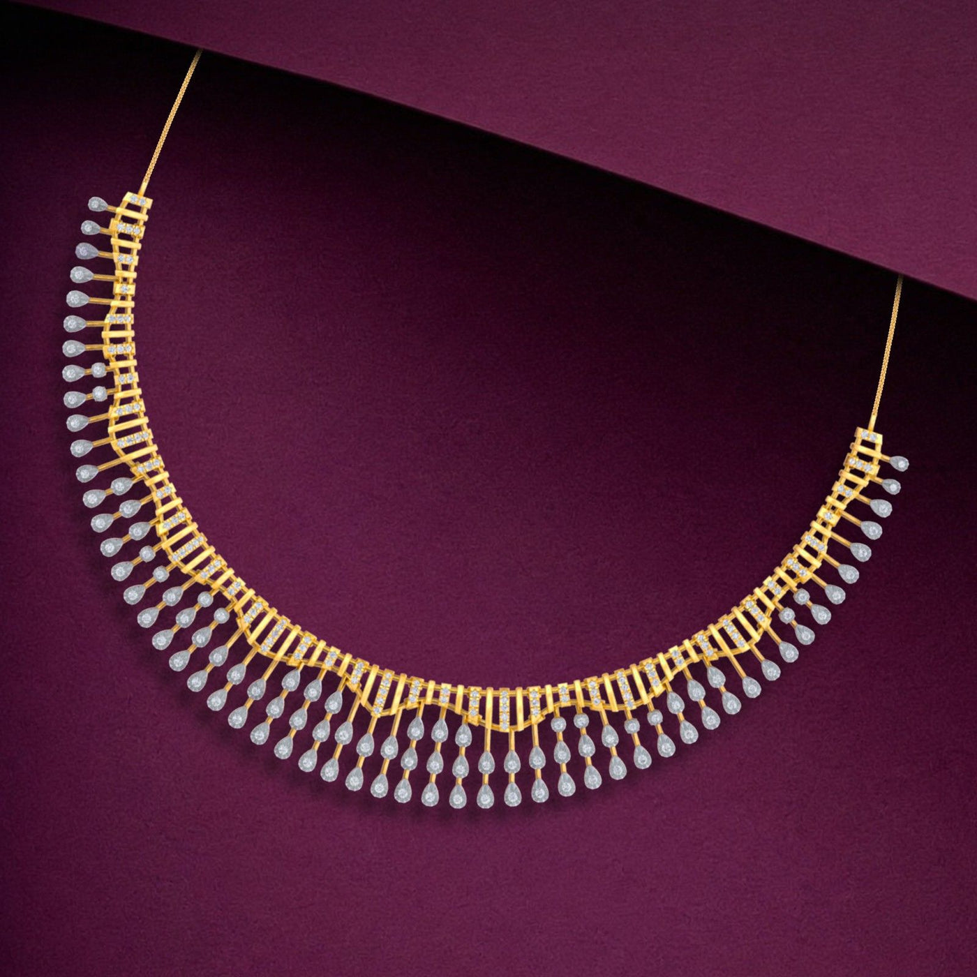 A gold-toned statement necklace with multiple rows of dangling teardrop-shaped clear stones, displayed on a deep purple background.
