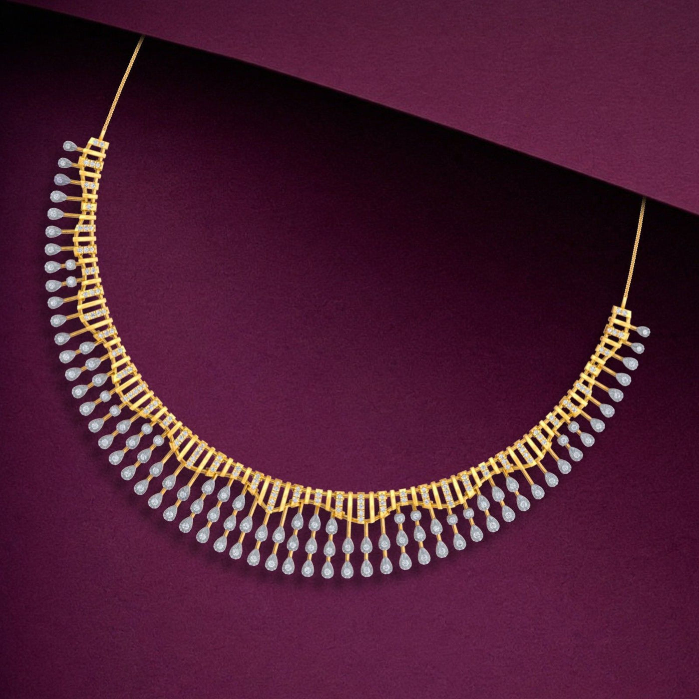 A gold and diamond statement necklace with multiple rows of dangling teardrop-shaped clear stones, displayed on a deep purple background.