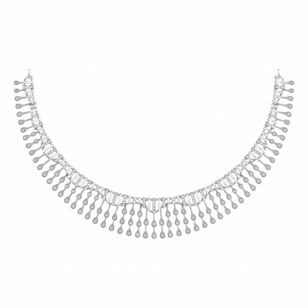 White gold and diamond statement necklace with multiple rows of dangling teardrop, displayed on a clean white background.