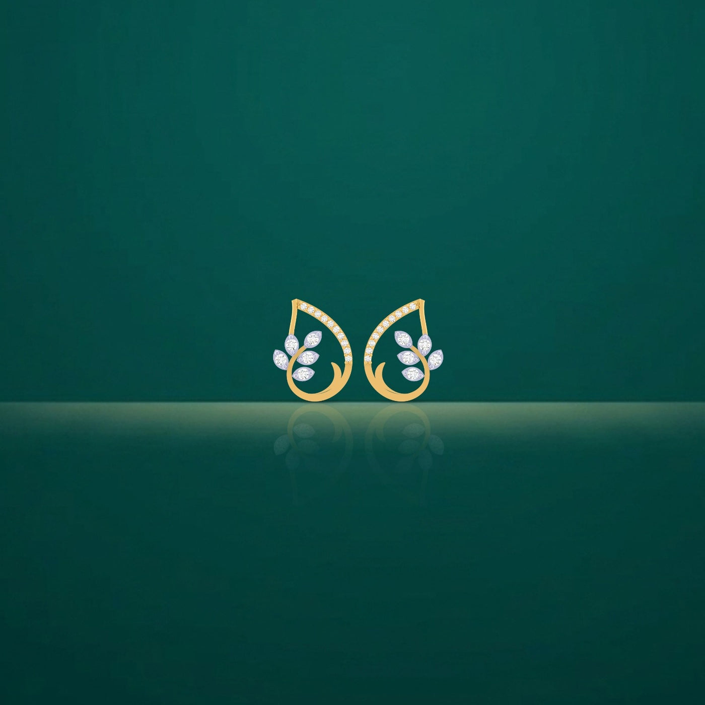 Gold and diamond floral earrings stones on a teal background
